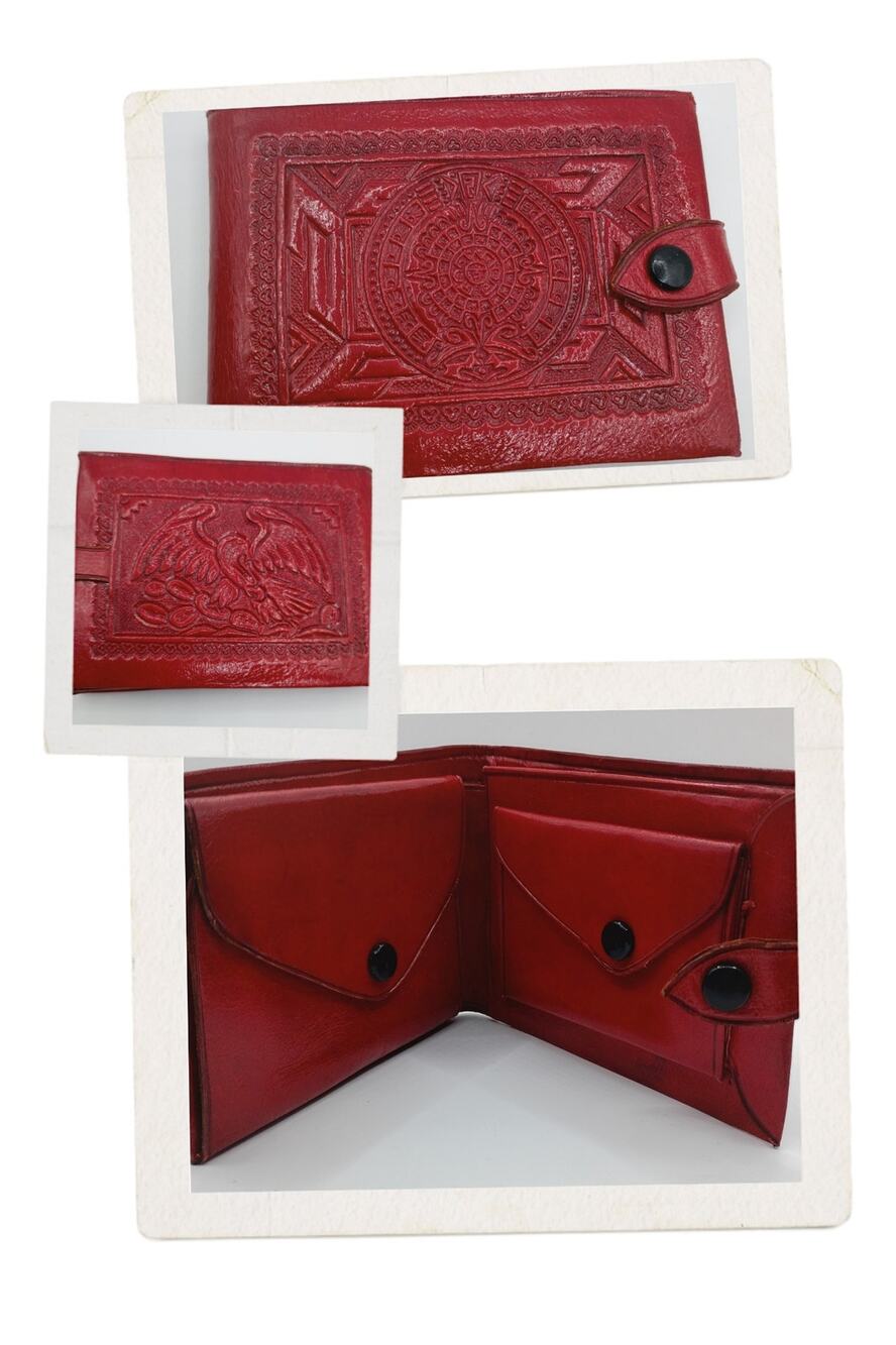 Vintage Red Hand Tooled Leather Wallet Aztec Calendar